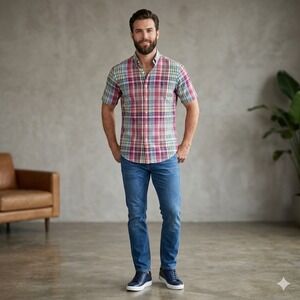 Ralph Lauren Mens Size XL Classic Fit Shirt Short Sleeve Madras Plaid Buttons